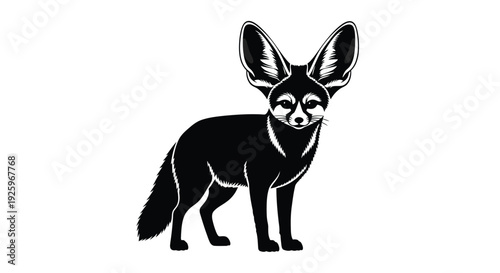 Striking black and white vector graphic illustration of a fennec fox standing alertly showcasing its oversized ears and detailed silhouette design