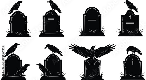 WebGravestone silhouettes with crows and ravens perched on tombstones creating spooky cemetery atmosphere, gothic horror symbolism, Halloween illustration, dark memorial scene, eerie vector  