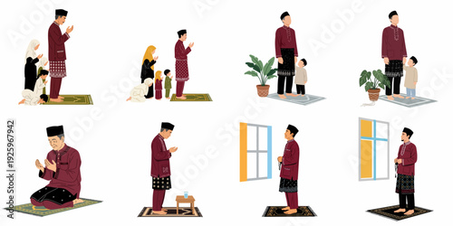 Muslim families and individuals observe daily prayers (Salat) and spiritual devotion, portraying Islamic faith, cultural traditions, and family worship.
