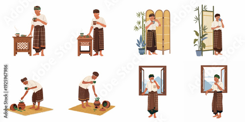 An elderly Indonesian man's serene daily ritual, featuring traditional herbal drink preparation, quiet contemplation, and natural living in various home settings.