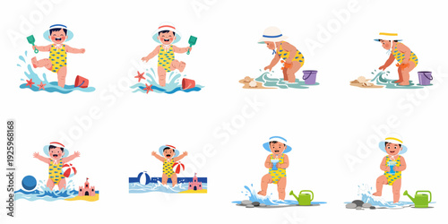 Foto Happy Baby Summer Beach Fun Collection: Adorable Toddler Playing in Water, Sand, and Sea with Toys and Sandcastles - Childhood Vacation Activities Illustration
