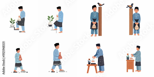 Muslim Man in Traditional Attire Engaging in Qurban and Charity Activities for Eid al-Adha, Illustrating Generosity and Community Spirit