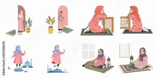 Collection of diverse Muslim girls in various scenes, including prayer, holding flowers, and everyday activities, embodying Islamic culture and childhood innocence.