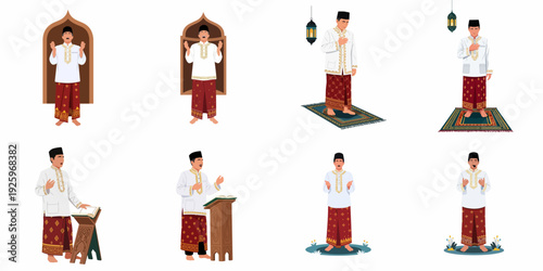 Muslim Men Performing Islamic Prayers and Rituals Collection. Religious Practices, Cultural Traditions, and Spirituality for Ramadan and Eid Celebrations.