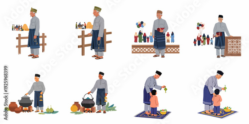 Elderly Malay man celebrating Islamic holidays, depicting Eid al-Fitr and Eid al-Adha traditions like Qurban, family gatherings, traditional food preparation, and festive blessings.