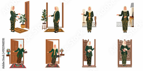 Collection of Muslim women in traditional attire welcoming guests, symbolizing Southeast Asian hospitality and cultural greetings.