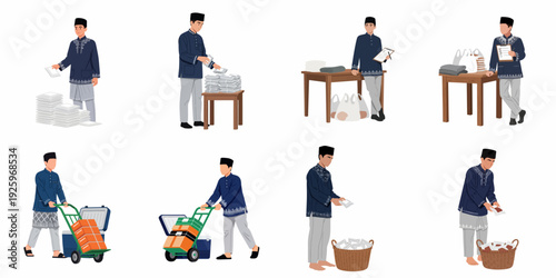 Illustrations of a Muslim man preparing, organizing, and distributing charity items, including Zakat al-Fitr, showing various stages of donation work for the community.