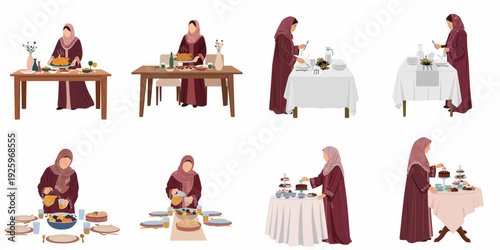 Muslim woman preparing and serving a festive meal, arranging desserts and setting the table for a family gathering, illustrating hospitality and cultural traditions.