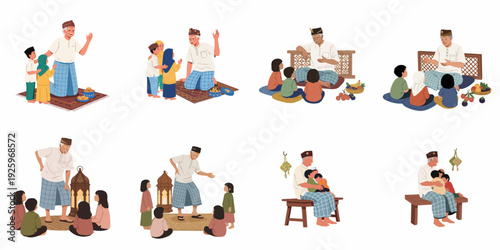 Illustrations of an elderly Indonesian or Malay man celebrating Eid with children, sharing stories, food, and traditional customs.