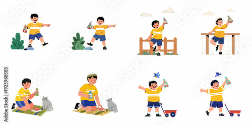 A happy Muslim boy distributing Qurban meat, celebrating Eid al-Adha with generosity and joy in various outdoor settings.