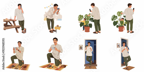 Modern man's daily life and smartphone interactions: capturing moments, playing games, and enjoying leisure time in various casual settings.
