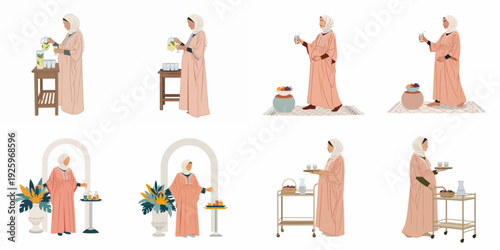 Pregnant Muslim woman in hijab demonstrating home hospitality and healthy living through serving refreshing drinks and fresh fruits.