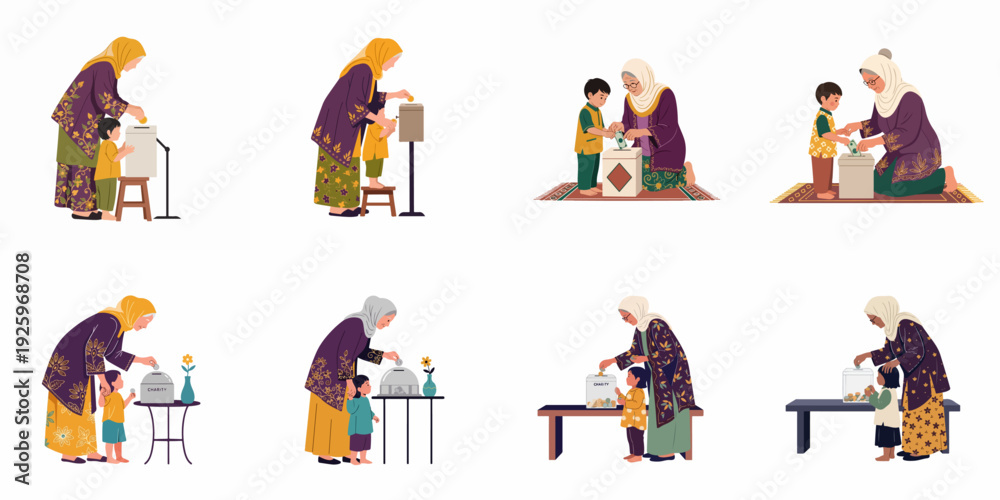 Fototapeta premium Muslim women and children giving zakat and sadaqah, teaching charity and generosity across generations and fostering philanthropic values.
