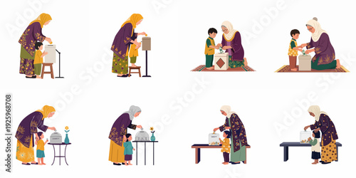 Muslim women and children giving zakat and sadaqah, teaching charity and generosity across generations and fostering philanthropic values.