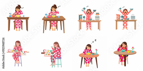 Collection of illustrations depicting a sleepy girl struggling through her morning routine, yawning and eating breakfast in her pajamas.