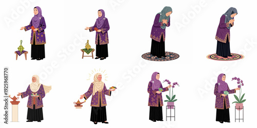 Muslim women celebrating Eid and observing cultural traditions, offering festive treats, duit raya, and showing reverence, isolated vector illustrations.
