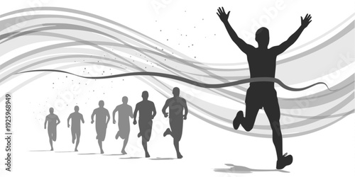 Group of marathon runners on abstract swirl backgr. Vector illustration of a group of marathon runners competing in a street race on abstract swirl background. Transparent background SVG version.