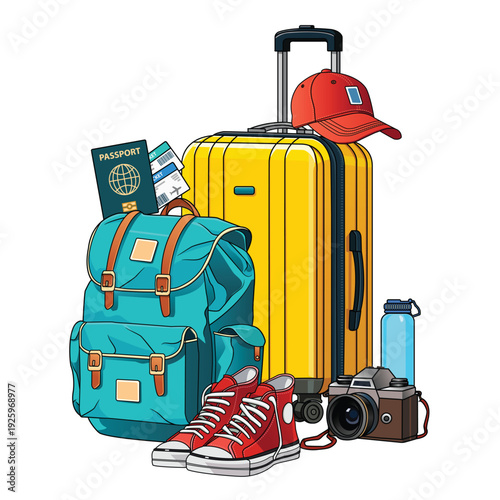 Illustration of traveler and tourist equipment isolated on white