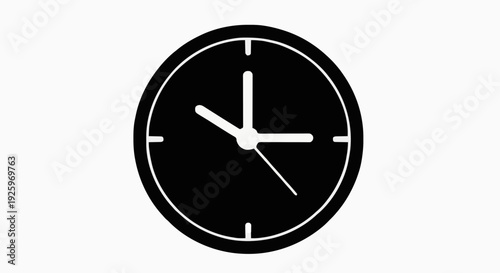A simple black and white illustration of a clock face showing the time on a white background, representing timekeeping and scheduling