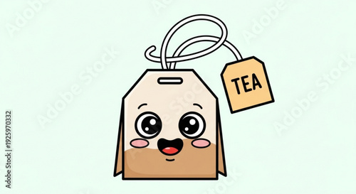 Cartoon tea bag with smiling face and tag on white background perfect for beverage and relaxation concepts