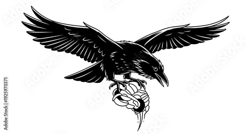 Black Crow Holding Rose in Beak.