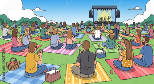 Crowd of people meditating on colorful blankets in a park with a stage and band performing in the distance under a bright blue sky