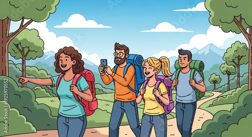 Group of four friends hiking together on a scenic trail with backpacks and map in a beautiful natural landscape