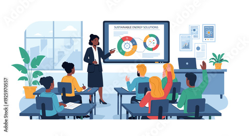 Businesswoman presenting data to colleagues in classroom.