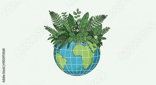 Globe with lush green plants growing out of it symbolizing environmental conservation and sustainability in a flat design illustration