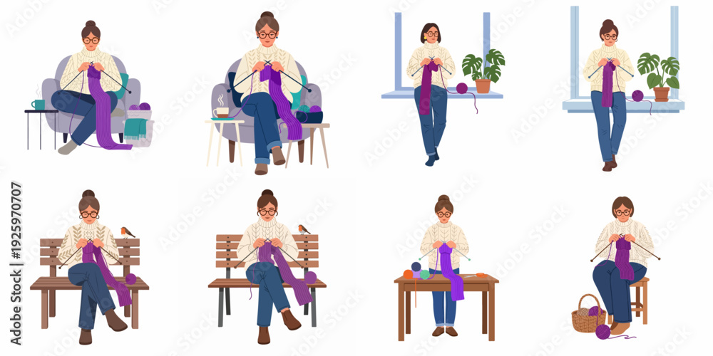 Fototapeta premium Cozy hobby: woman knits purple scarf in different home and outdoor leisure moments.