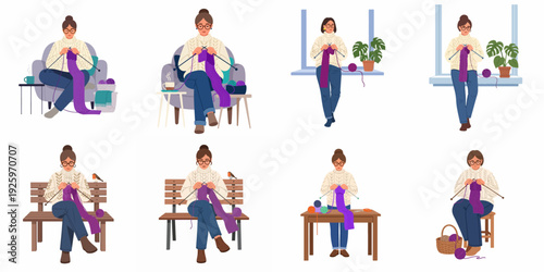 Cozy hobby: woman knits purple scarf in different home and outdoor leisure moments.