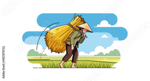 Farmer Carrying Large Bundle of Hay.