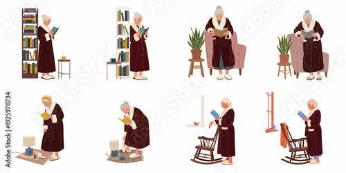 Elderly woman enjoying quiet reading moments at home, showcasing a serene senior lifestyle in various cozy indoor settings, surrounded by books and comfort.