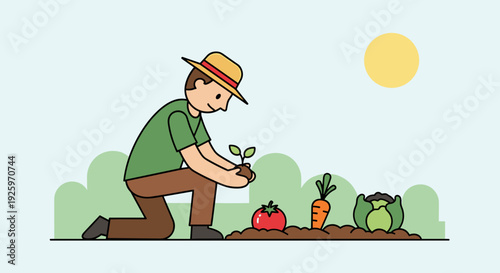 Farmer Inspecting Fresh Vegetables in Garden.