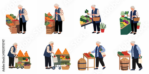Senior woman shopping for fresh fruits and vegetables at a market, buying groceries for a healthy lifestyle, featuring organic produce.