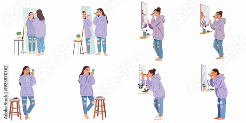 Young Woman Applying Makeup and Doing Her Beauty Routine at Home, Reflected in Various Mirrors