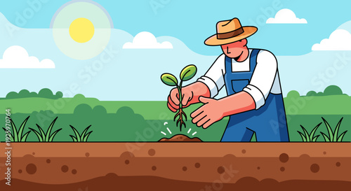 Farmer Planting a Young Green Seedling.