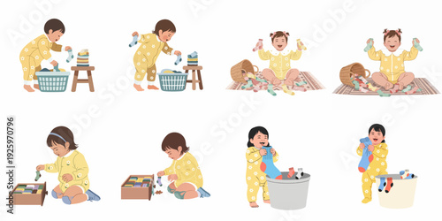 Adorable Babies and Toddlers Learning to Sort and Play with Socks: Early Childhood Development and Practical Life Skills