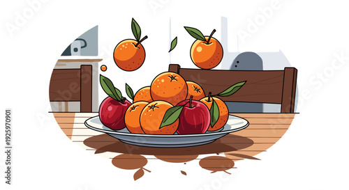 Fruit on Plate with Oranges Falling.