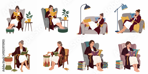 Collection of cozy illustrations featuring women reading books in comfort, enjoying leisure time at home with coffee or snacks.