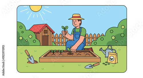 Gardener Planting Seedlings in Garden Bed.