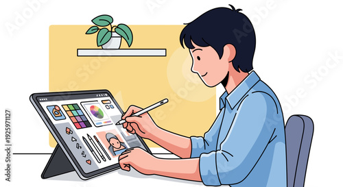 Man Designing on Digital Tablet with Stylus.