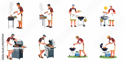 Happy men grilling burgers and hot dogs on various barbecues, enjoying summer outdoor cooking, backyard parties, and delicious BBQ food preparation.