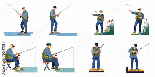 Collection of illustrations depicting senior men fishing in different poses and natural settings, highlighting leisure, outdoor recreation, and hobby.