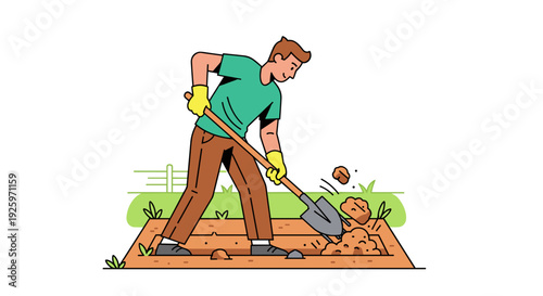 Man Digging Garden with Shovel.