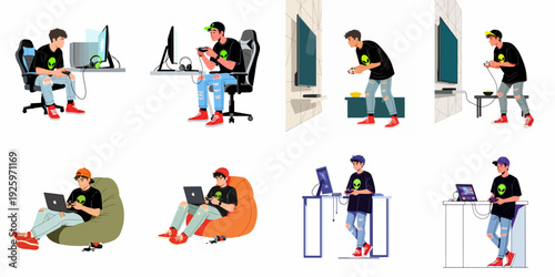 Diverse illustrations of young men engaging in video games and technology across various setups, showcasing modern leisure and digital entertainment.