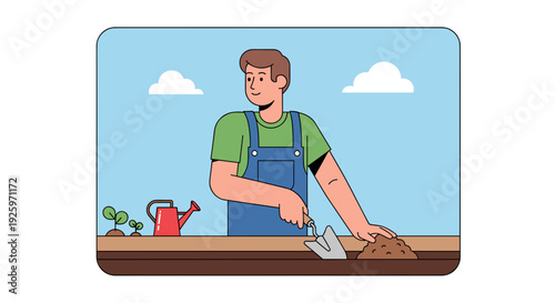 Man Gardening with Trowel and Soil.