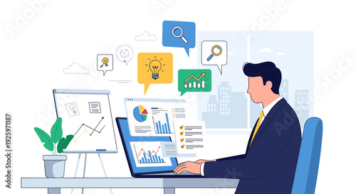 Man in Suit Analyzing Data on Laptop.