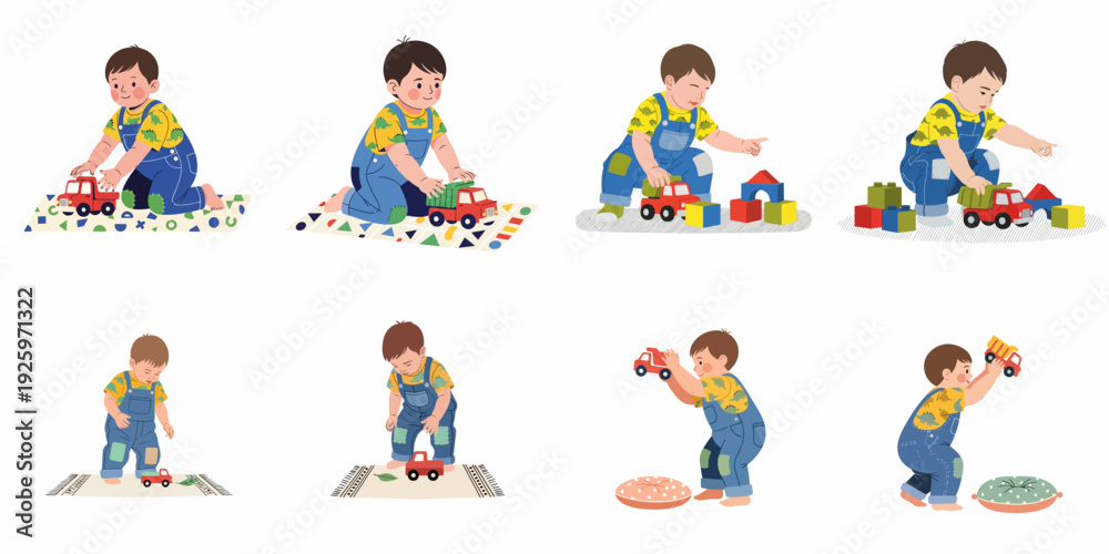 Fototapeta premium Playful young boy enjoys various activities with toy cars and building blocks, illustrating early childhood development and imaginative play.