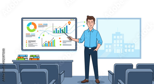 Man presenting data on screen in meeting.